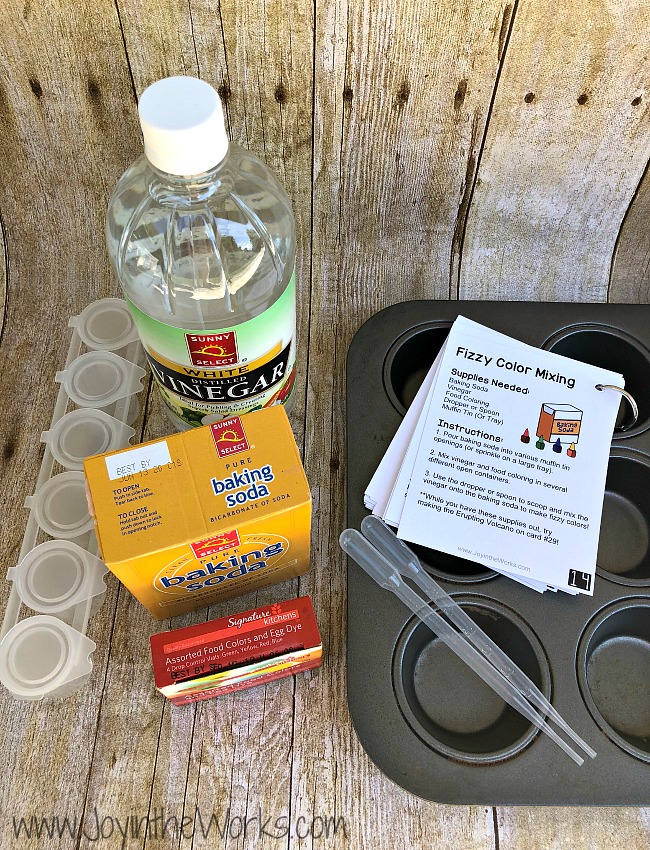 Mix baking soda and vinegar with food coloring to make "Fizzy Colors"! Fizzy Colors is just one of 30 Activity Cards included in the Summer Box! The Summer Box is the answer for bored kids as it guides them with simple instructions on 30 different activity cards and a box full of the corresponding supplies. Kids can create, experiment and play their way through the entire summer and it only take one day of prep for you!