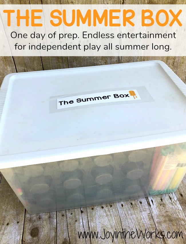 Bored kids this summer? Kids always expecting to be entertained? Teach them how to entertain themselves this summer with a Summer Box full of supplies and activities for independent play! The Summer Box is the answer for bored kids as it guides them with simple instructions on 30 different activity cards and a box full of the corresponding supplies. Kids can create, experiment and play their way through the entire summer and it only take one day of prep for you!