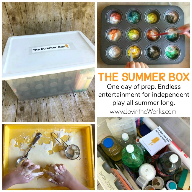 Bored kids this summer? Kids always expecting to be entertained? Teach them how to entertain themselves this summer with a Summer Box full of supplies and activities for independent play! The Summer Box is the answer for bored kids as it guides them with simple instructions on 30 different activity cards and a box full of the corresponding supplies. Kids can create, experiment and play their way through the entire summer and it only take one day of prep for you!