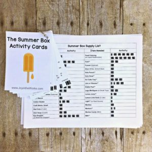 The Summer Box comes with 30 printable activity cards plus a 2 page supply list with each supply item cross referenced to the coordinating activity card. It also comes with 2 printable labels for The Summer Box. The Summer Box and it's printable cards and list completely set up children for a summer of independent play! No more bored kids in the summer!