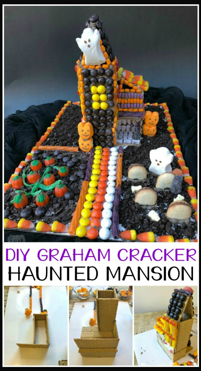 Forget the store bought Halloween Gingerbread House! Make a DIY Graham Cracker Haunted Mansion covered with candy instead! Step-by-step instructions available for how to make your own Halloween Graham Cracker House! Makes the perfect family fun activity after all the pumpkins are carved! Or even better? Make one with all of your leftover Halloween Candy! #halloween #halloweencandy #leftoverhalloweencandy #gingerbreadhouse #candyhouse #grahamcrackerhouse #hauntedhouse #hauntedmansion #halloweengingerbreadhouse #halloweengrahamcrackerhouse #diygingerbreadhouse #grahamcrackerhauntedmansion #gingerbreadhauntedmansion #familyfun #fallfamilyfun #fall
