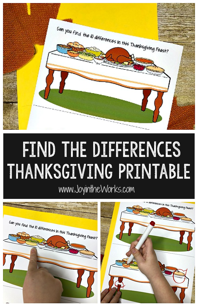 Keep the kids entertained with this Find the Differences Thanksgiving Printable. It's perfect for a Class Thanksgiving Feast at School or for Thanksgiving family fun at home!