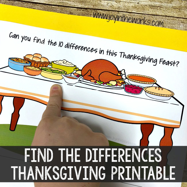 Keep the kids entertained with this Find the Differences Thanksgiving Printable. It's perfect for a Class Thanksgiving Feast at School or for Thanksgiving family fun at home!