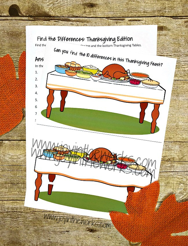 Keep the kids entertained with this Find the Differences Thanksgiving Printable. It's perfect for a Class Thanksgiving Feast at School or for Thanksgiving family fun at home!