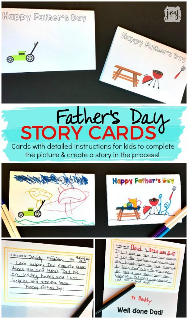 A unique twist on a homemade Father's Day card: Father's Day Story Cards! These themed "finishable" story cards have the beginnings of a picture scene and include instructions and lines for kids to create and record their story creation!