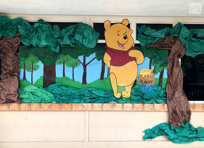 Create a Winnie the Pooh Bulletin board for the classroom or if you want to replicate the Winnie the Pooh Disneyland Ride at a school carnival or grad night, this display is a perfect way to do it!