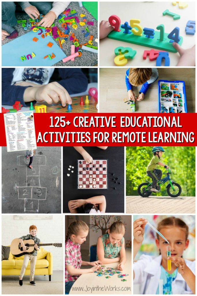 Distance learning can be fun with this FREE Printable of 125+ creative educational activities for remote learning. #remotelearning #distancelearning #educationalgames #educationalactivities #homeschooling #learningthroughplay #freeprintable
