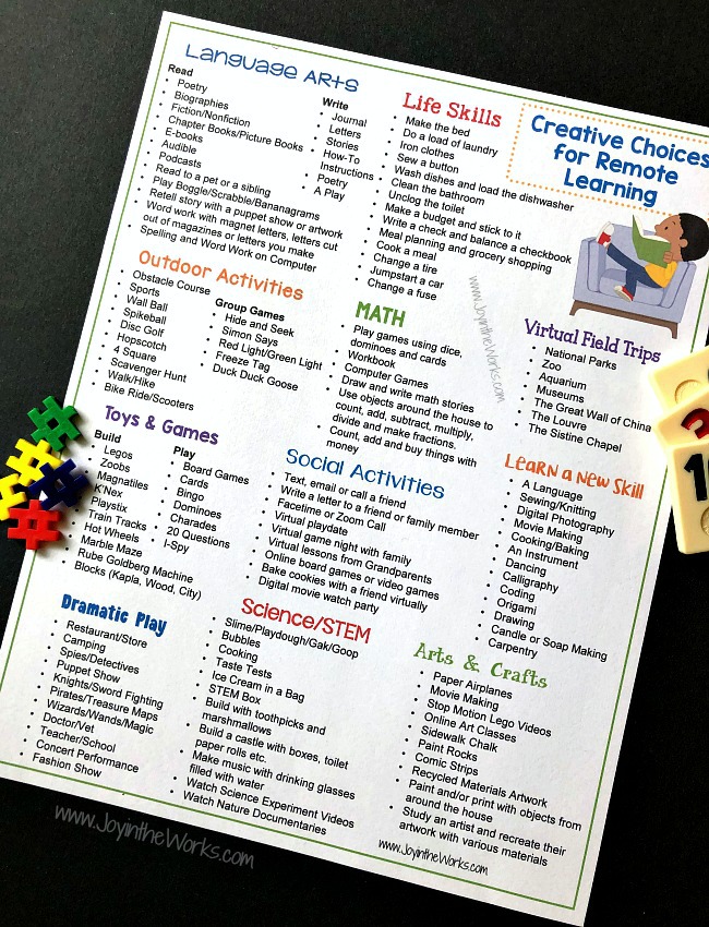 Let kids choose how they learn with this FREE Printable of 125+ Educational Activities for Remote Learning! These Choice Boards (Lists!) are a great way for kids to have more fun and independence in their distance learning. #remotelearning #distancelearning #homeschooling #choiceboards #educationalactivities #educationalgames #learningthroughplay