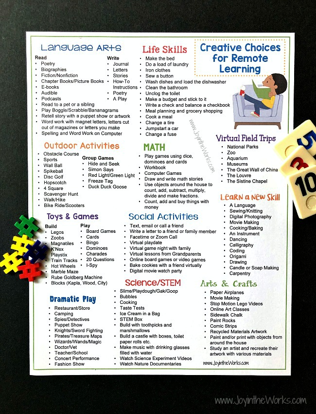 Let kids choose how they learn with this FREE Printable of 125+ Educational Activities for Remote Learning! These Choice Boards (Lists!) are a great way for kids to have more fun and independence in their distance learning. #remotelearning #distancelearning #homeschooling #choiceboards #educationalactivities #educationalgames #learningthroughplay