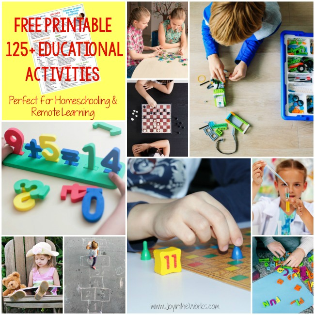 Distance learning can be fun with this FREE Printable of 125+ creative educational activities for remote learning. #remotelearning #distancelearning #educationalgames #educationalactivities #homeschooling #learningthroughplay #freeprintable