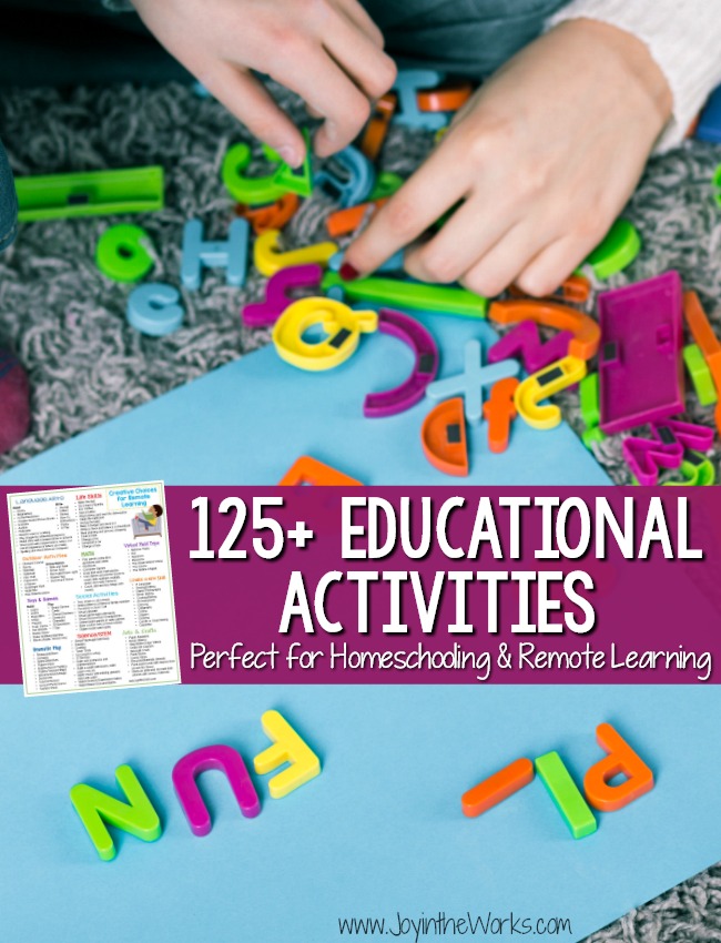 Distance learning can be fun with this FREE Printable of 125+ creative educational activities for remote learning. #remotelearning #distancelearning #educationalgames #educationalactivities #homeschooling #learningthroughplay #freeprintable