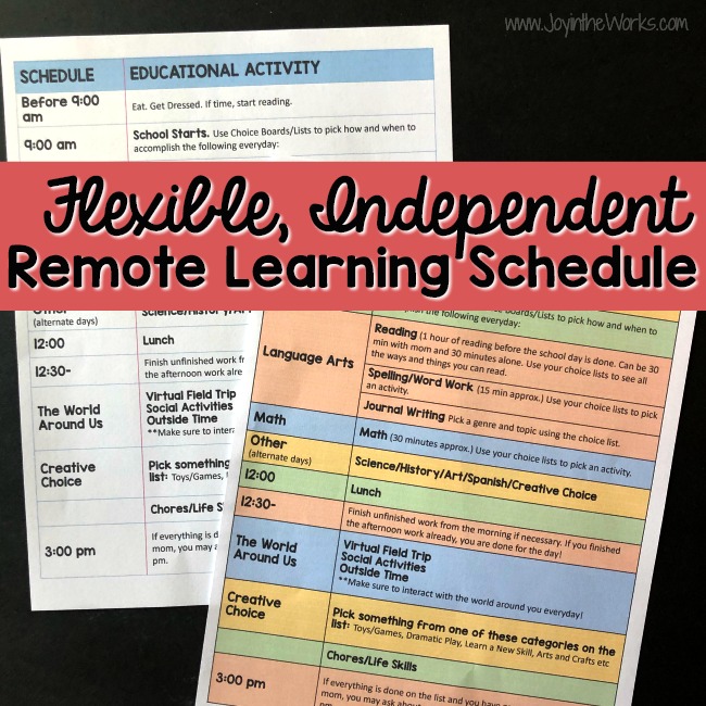 Struggling with your daily school schedule for remote learning? Need more time to yourself? Try this flexible, independent Remote Learning Plan that comes with 2 versions of a FREE Printable outlining how the kids get to help pick what they learn! #remotelearning #distancelearning #homeschooling #schoolschedule #homeschoolschedule #freeprintable