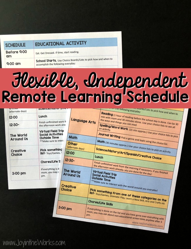 Struggling with your daily school schedule for remote learning? Need more time to yourself? Try this flexible, independent Remote Learning Plan that comes with 2 versions of a FREE Printable outlining how the kids get to help pick what they learn! #remotelearning #distancelearning #homeschooling #schoolschedule #homeschoolschedule #freeprintable