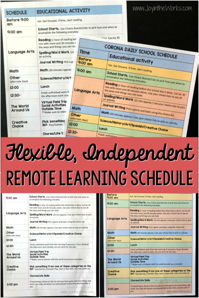 Struggling with your daily school schedule for remote learning? Need more time to yourself? Try this flexible, independent Remote Learning Plan that comes with 2 versions of a FREE Printable outlining how the kids get to help pick what they learn! #remotelearning #distancelearning #homeschooling #schoolschedule #homeschoolschedule #freeprintable